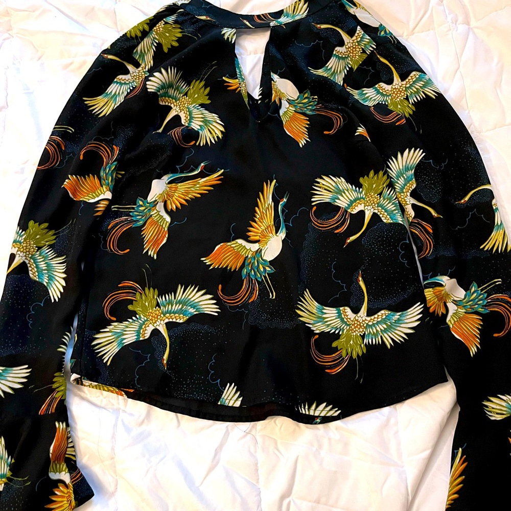 Lily White Long-Sleeve Blouse Bird Design